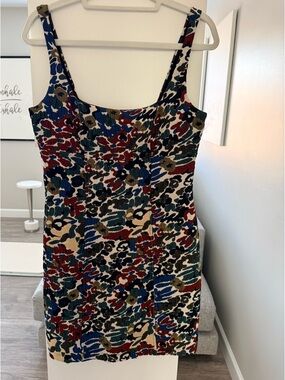 Anthropologie Multicolor Floral Mini Dress in Blue, Red, Green, Cream